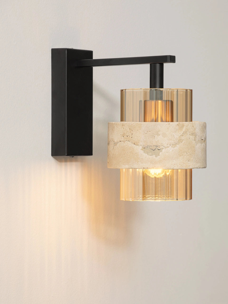 ELO Natural Travertine & Ribbed Amber Glass Wall Light - ID 14740