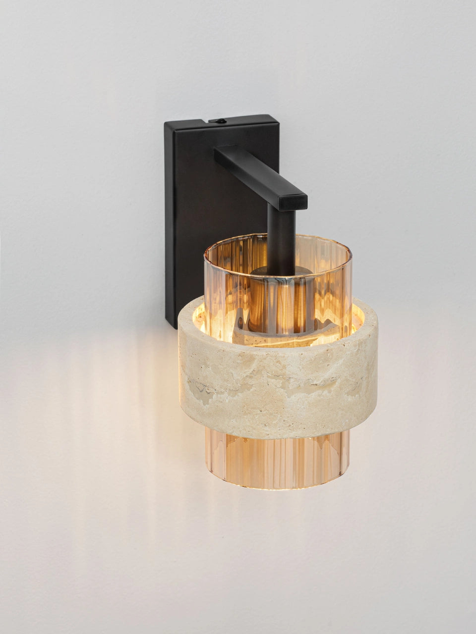 ELO Natural Travertine & Ribbed Amber Glass Wall Light - ID 14740