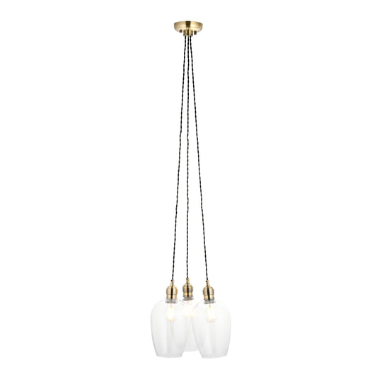 3 Light Wine Glass Cluster Pendant in Antique Brass with Clear Glass - ID 14902