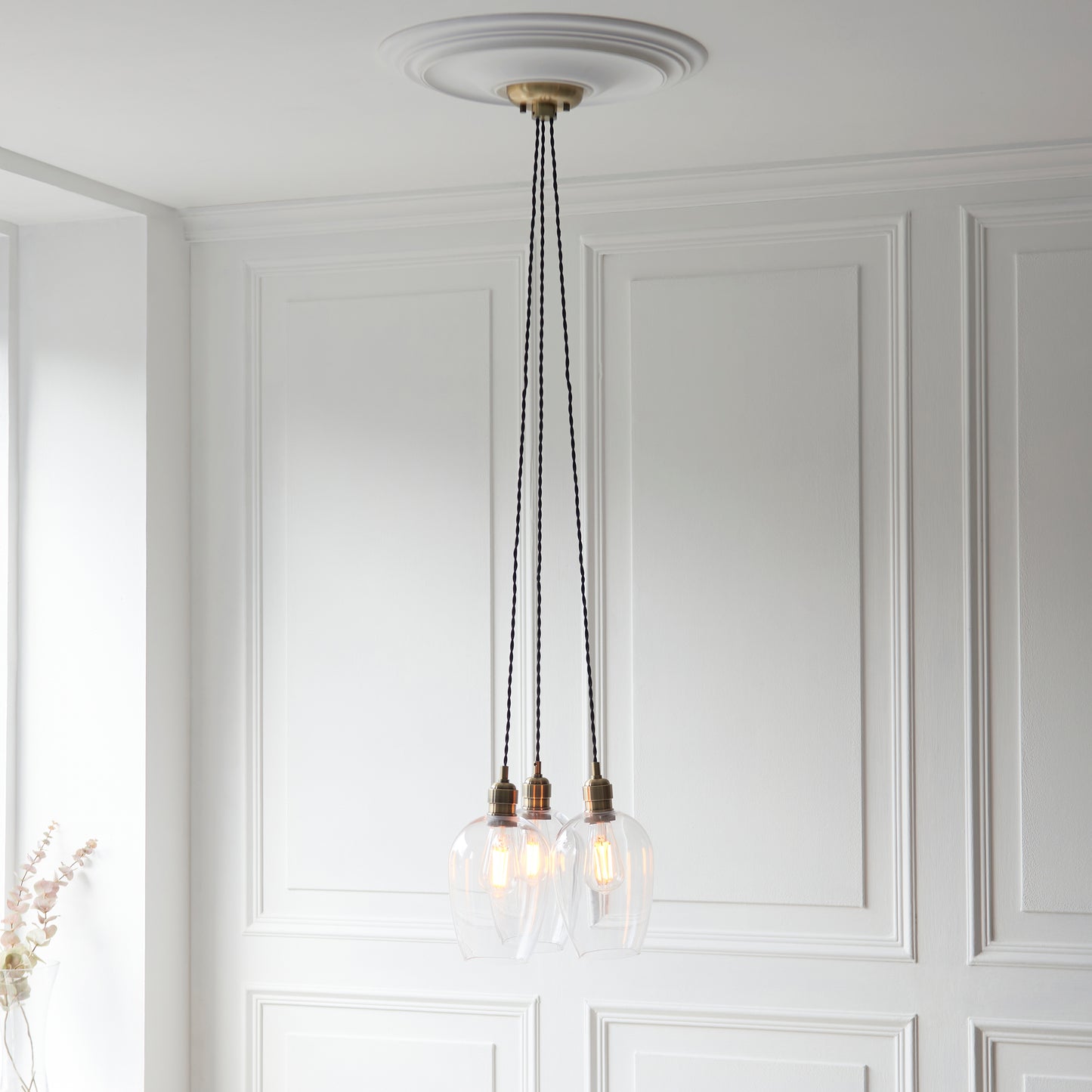 3 Light Wine Glass Cluster Pendant in Antique Brass with Clear Glass - ID 14902