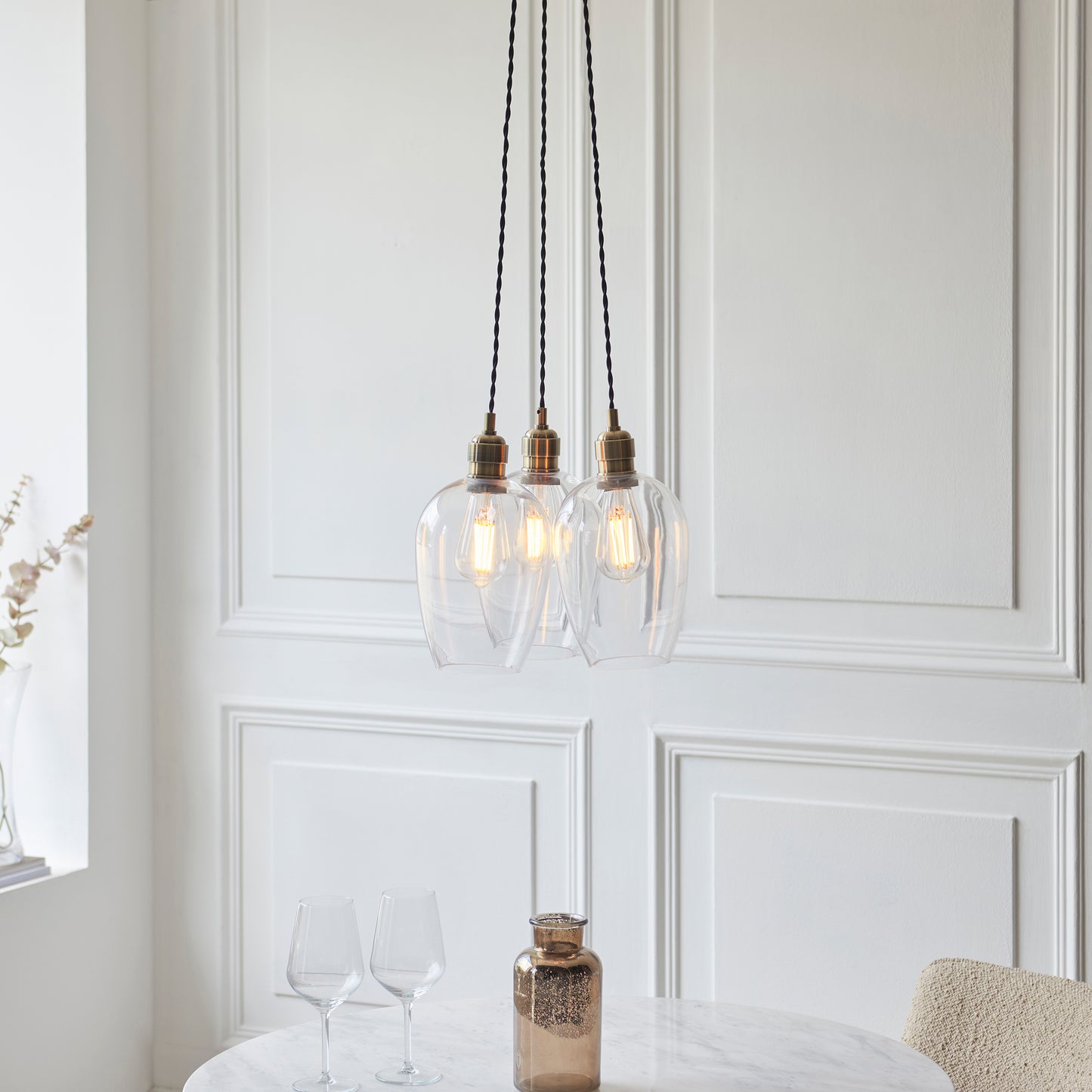 3 Light Wine Glass Cluster Pendant in Antique Brass with Clear Glass - ID 14902