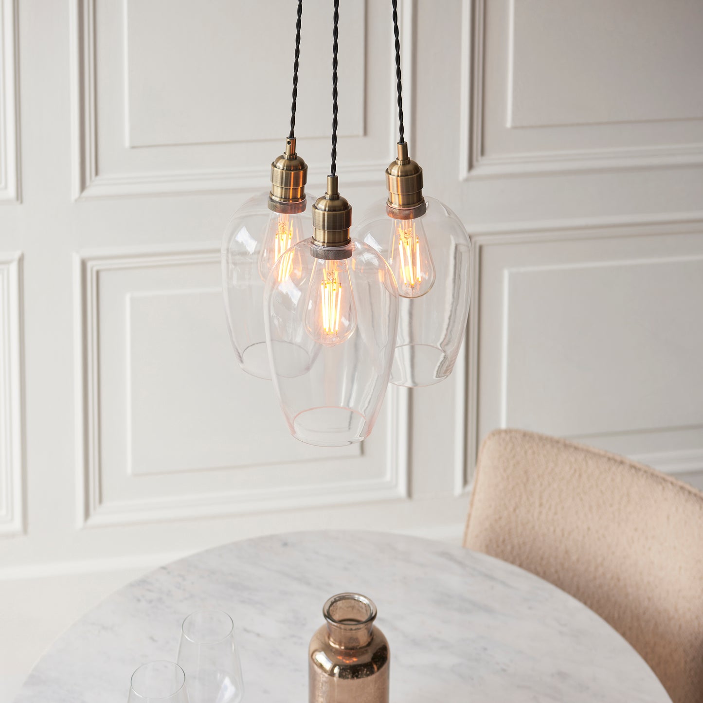 3 Light Wine Glass Cluster Pendant in Antique Brass with Clear Glass - ID 14902