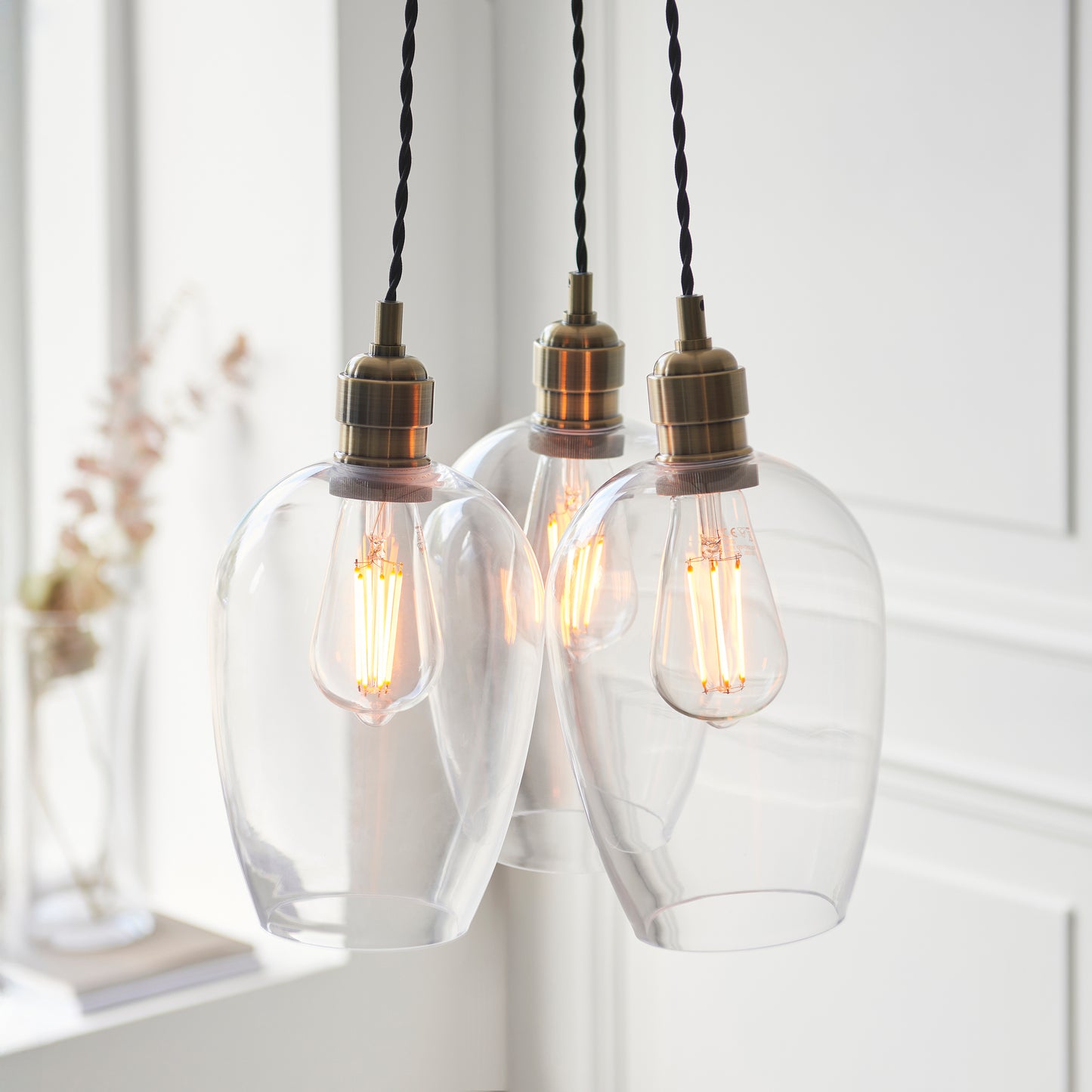 3 Light Wine Glass Cluster Pendant in Antique Brass with Clear Glass - ID 14902