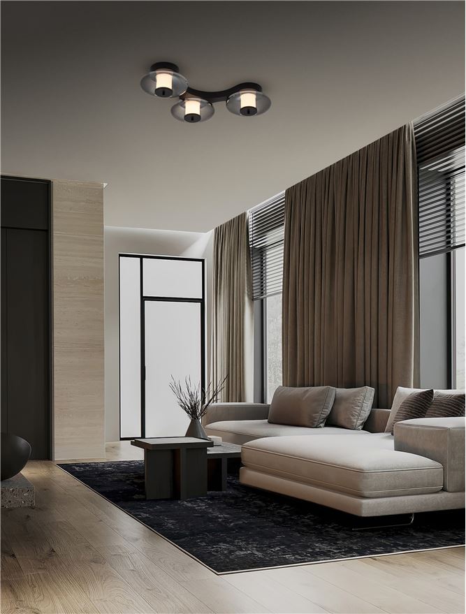 BAL Sandy Black Metal & Smoky Grey Glass 3 Light Semi-Flush Ceiling Light - ID 14596