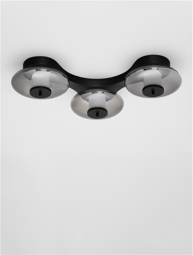 BAL Sandy Black Metal & Smoky Grey Glass 3 Light Semi-Flush Ceiling Light - ID 14596