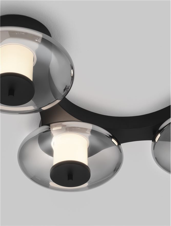 BAL Sandy Black Metal & Smoky Grey Glass 3 Light Semi-Flush Ceiling Light - ID 14596