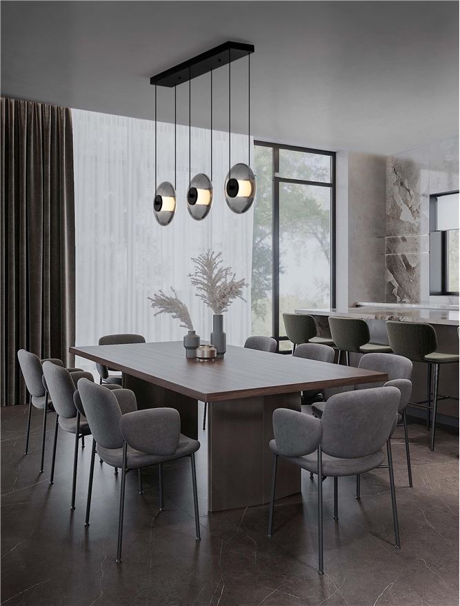 BAL Sandy Black Metal & Smoky Grey Glass 3 Light Linear Pendant - ID 14595