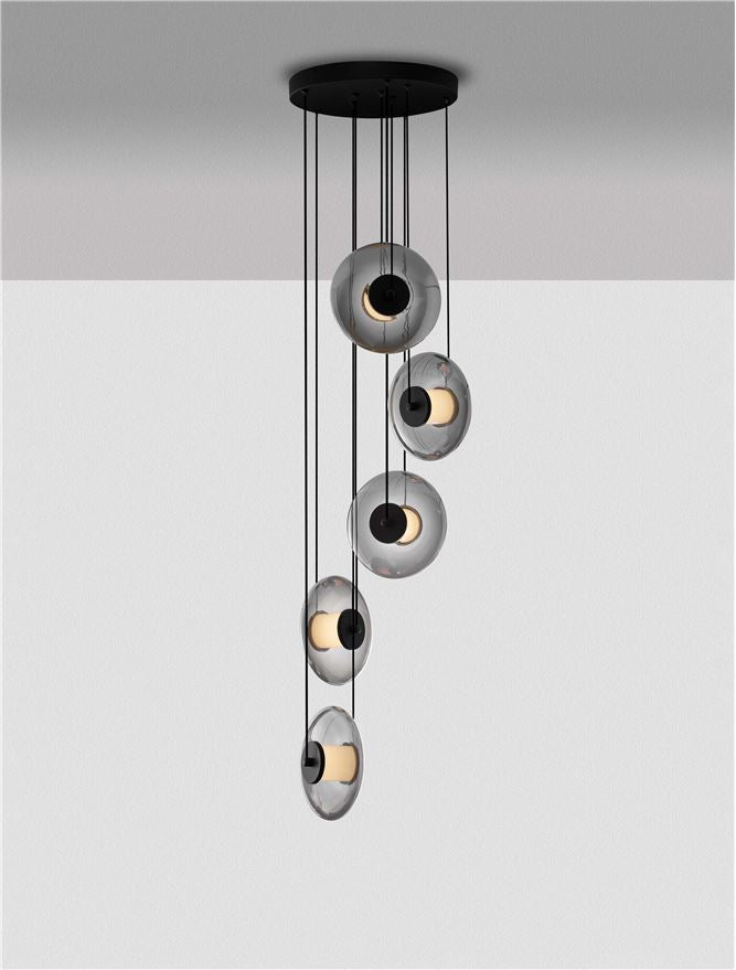 BAL Sandy Black Metal & Smoky Grey Glass 5 Light Multi-Pendant - ID 14594