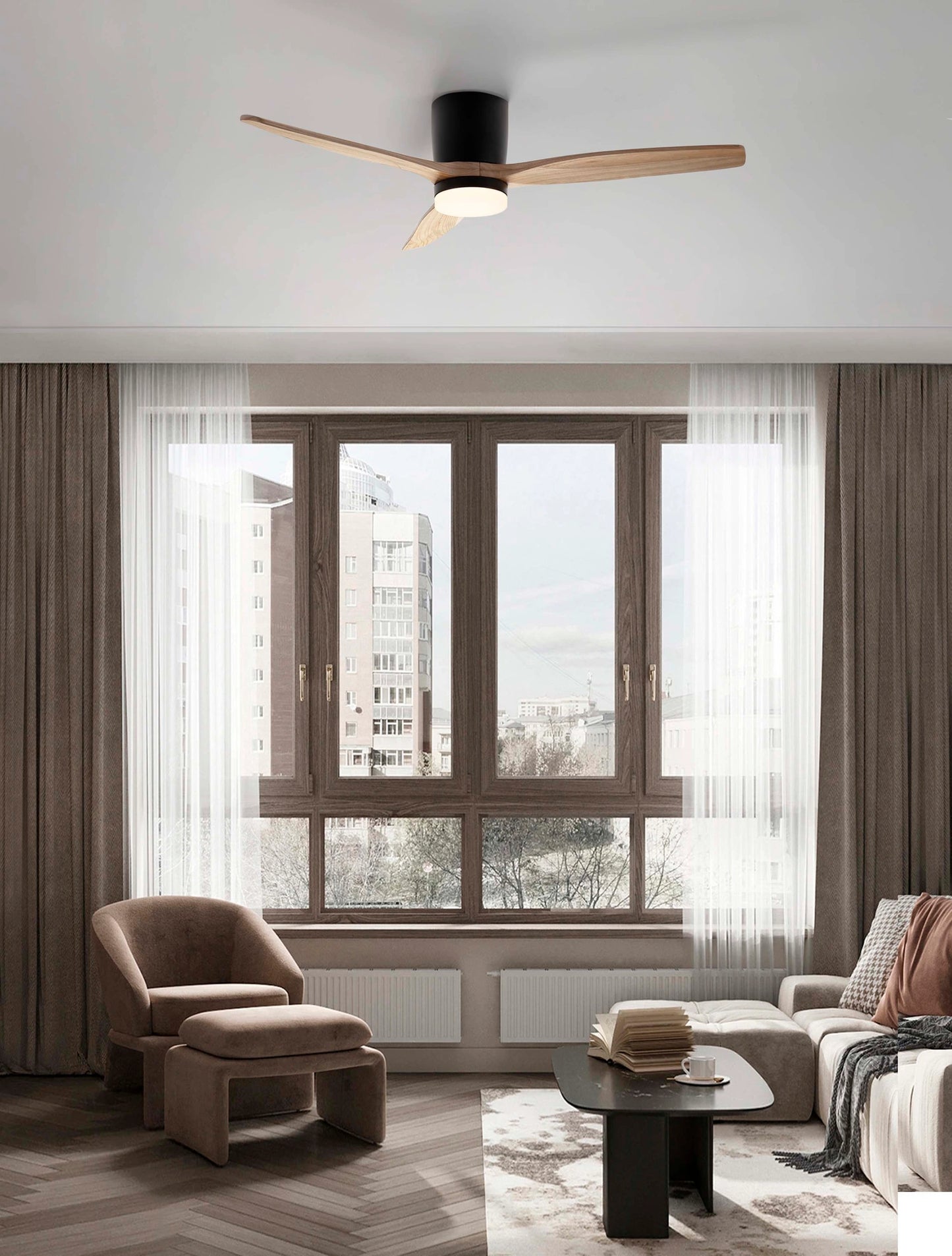 LOA 132cm Sandy Black Metal & Natural Wood LED Ceiling Fan - ID 14942