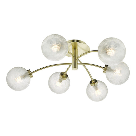 AVA Satin Brass & Ornate Frosted Glass Six Lamp Semi-Flush Ceiling Light - ID 10826 - BOXED CLEARANCE MODEL