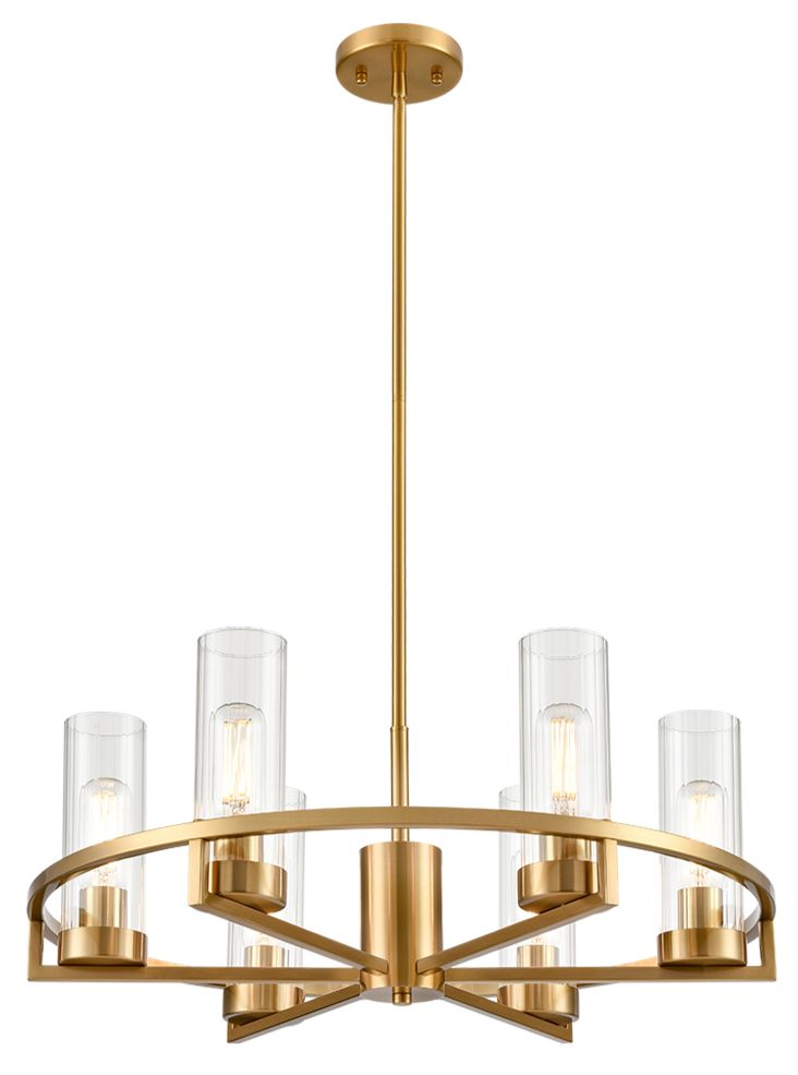 CAM Aged Brass & Ribbed Cylindrical Glass 6 Light Wheel Pendant - ID 13227