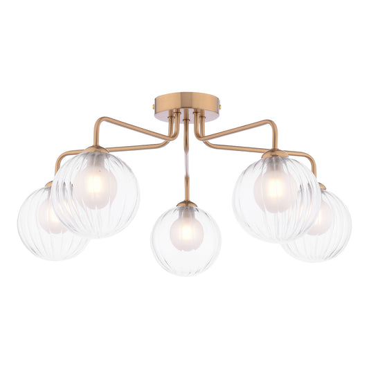 FEY 5 Light Antique Bronze Semi-Flush with Ribbed Clear Glass and Opal Inner - ID 13452