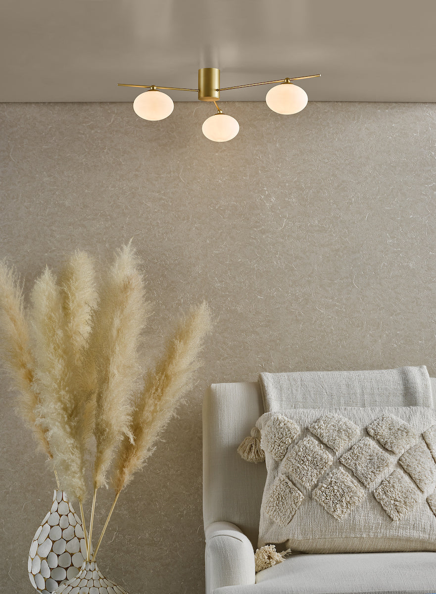 JAS Three Light Semi Flush Ceiling Light In Satin Gold With Opal Glass - ID 13463