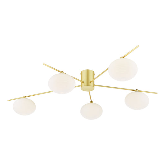 JAS Five Light Semi Flush Ceiling Light In Satin Gold With Opal Glass - ID 13462