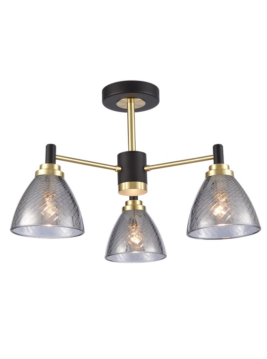 MET Matt Black & Satin Brass 3 Light Semi-Flush With Smoked Glass - ID 13287