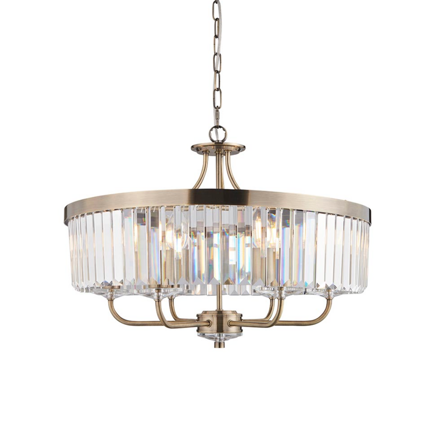 Round Antique Chandelier, Brass And Clear Cut Glass - ID 12518