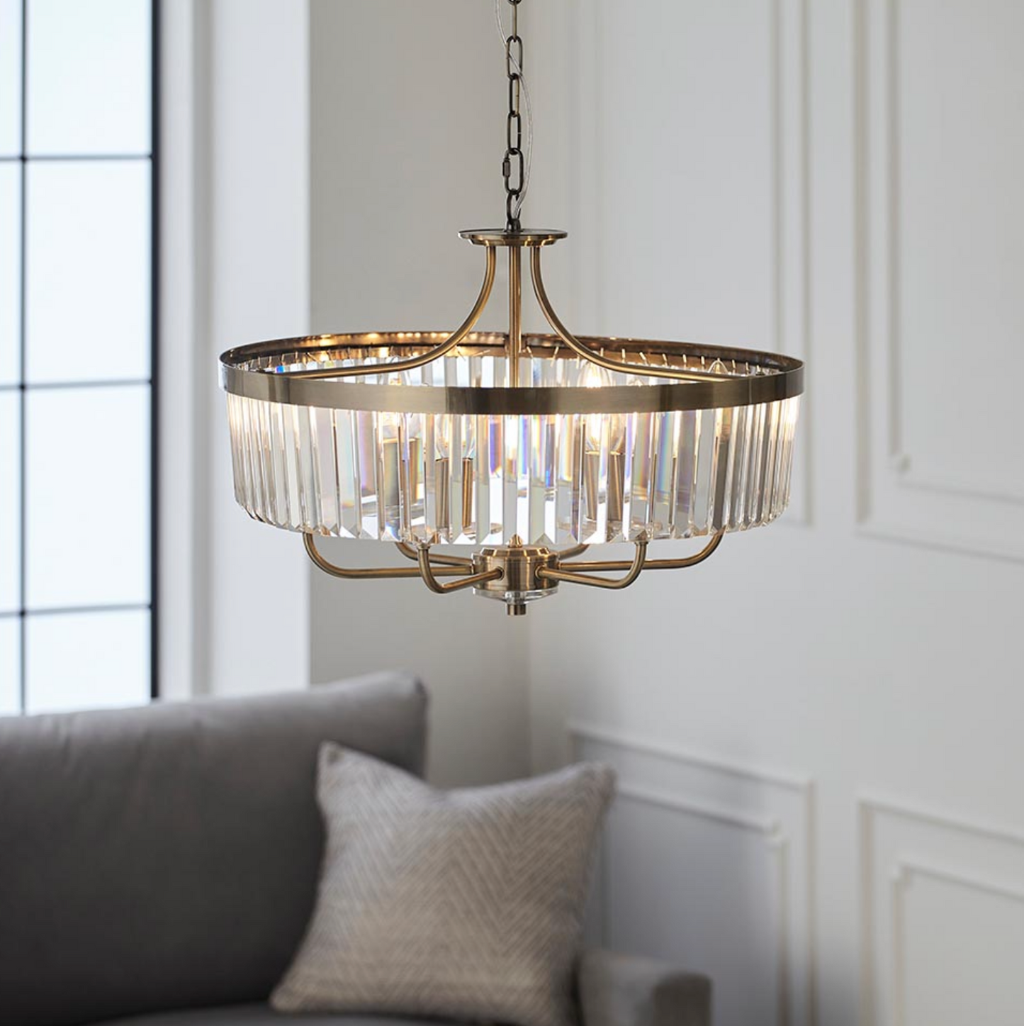 Round Antique Chandelier, Brass And Clear Cut Glass - ID 12518