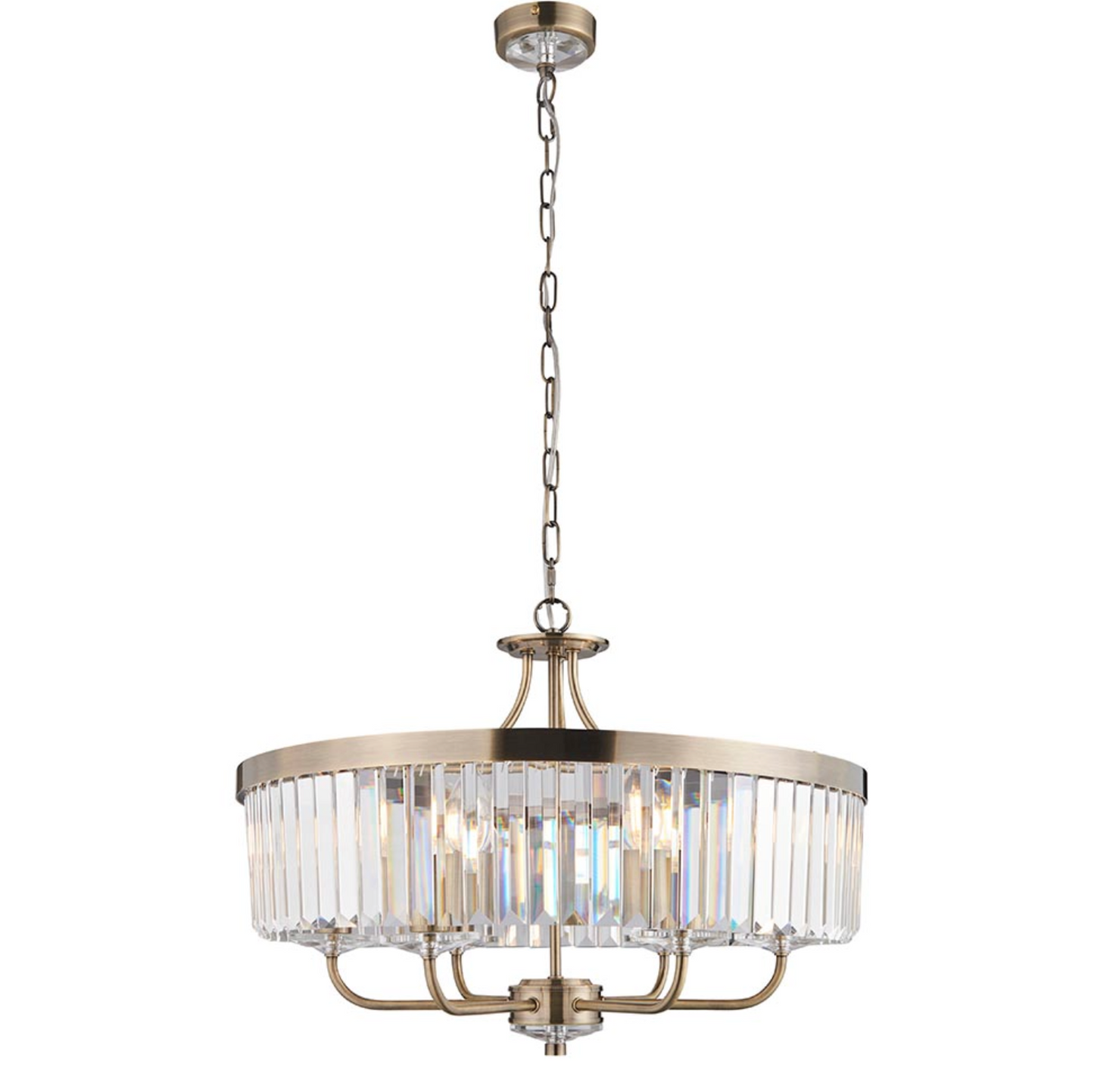 Round Antique Chandelier, Brass And Clear Cut Glass - ID 12518