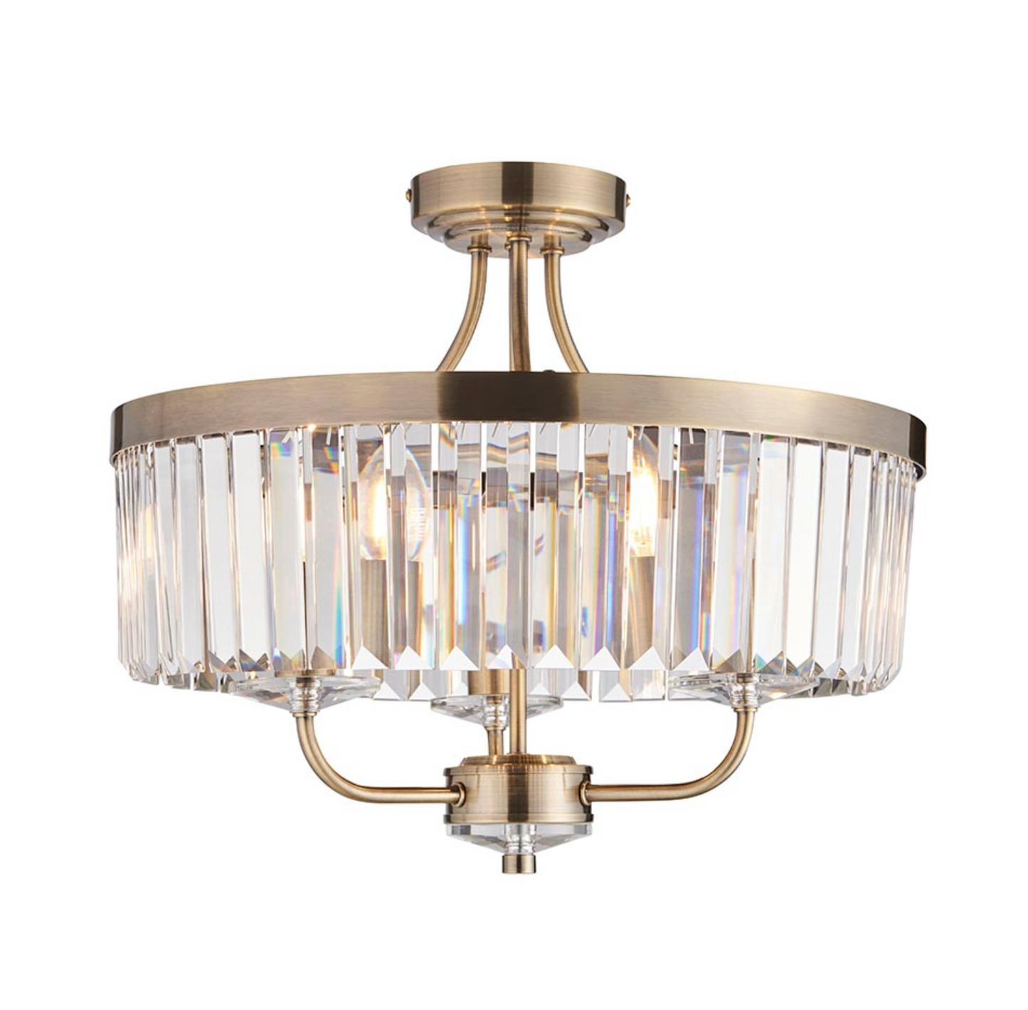 Round Antique Semi-Flush Chandelier, Brass And Clear Cut Glass - ID 12519