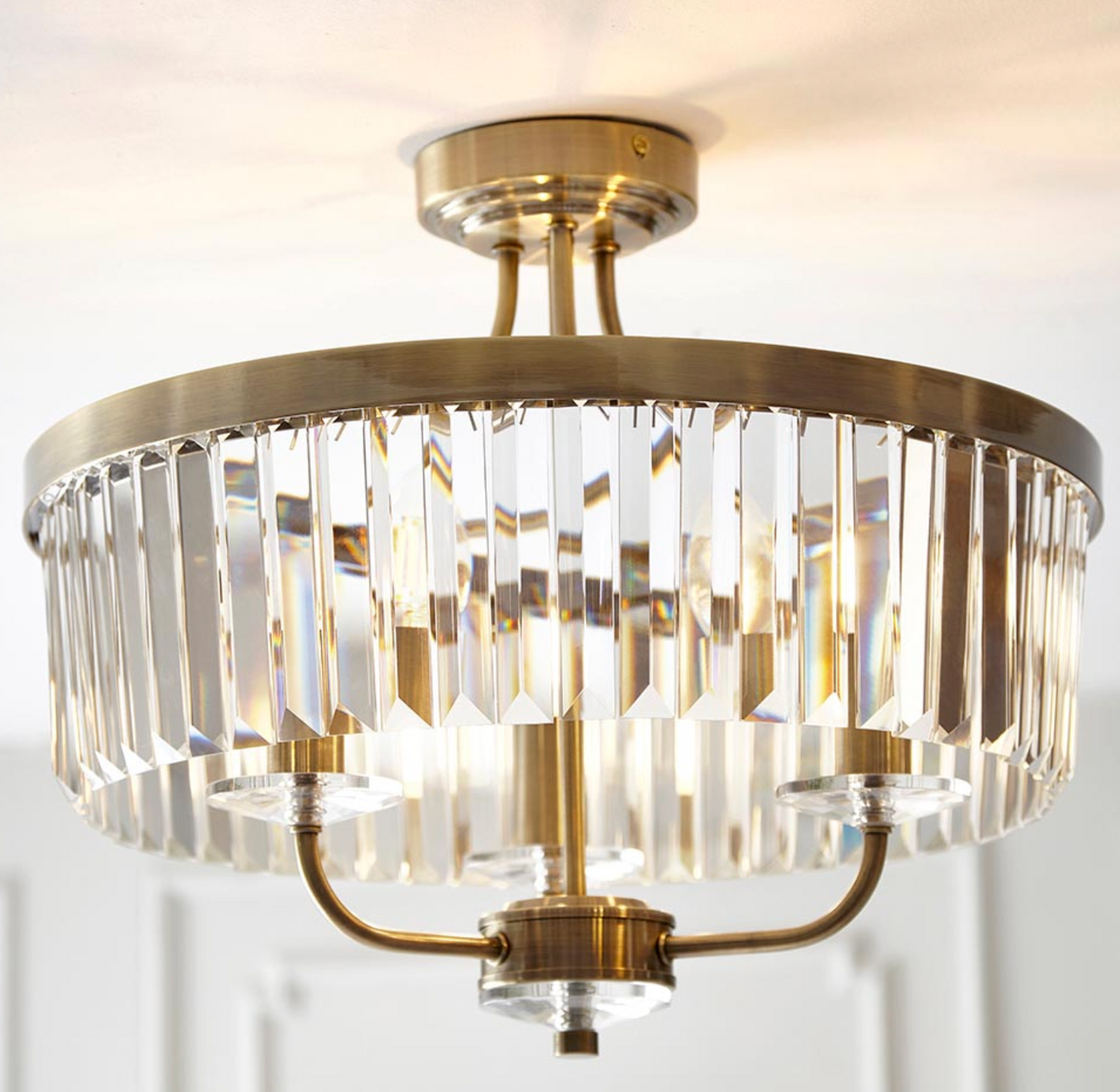 Round Antique Semi-Flush Chandelier, Brass And Clear Cut Glass - ID 12519
