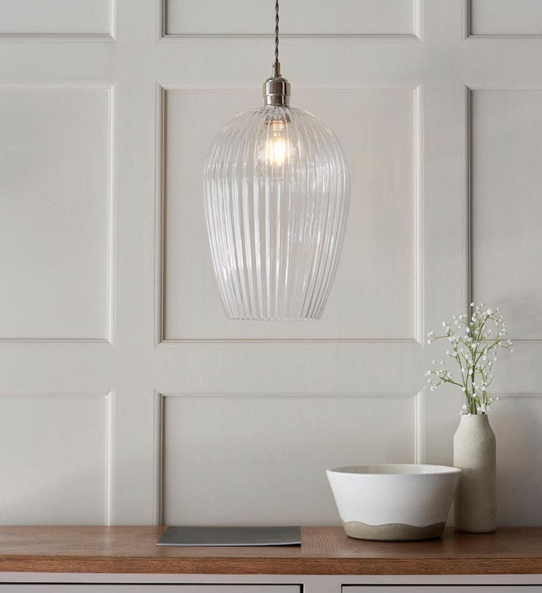 Ribbed glass & bright nickel large pendant - ID 12971
