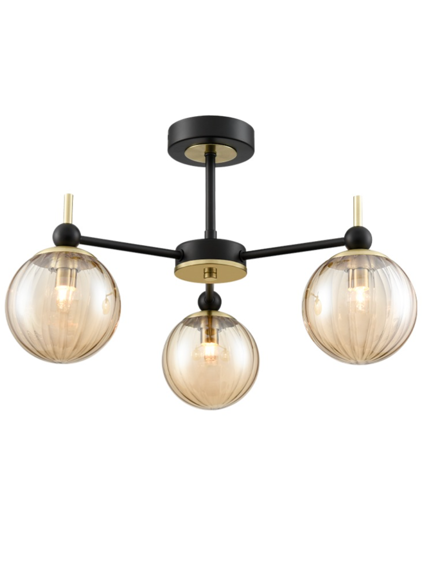 SOL Satin Brass & Ribbed Amber Glass 3 Light Semi-Flush - ID 13261