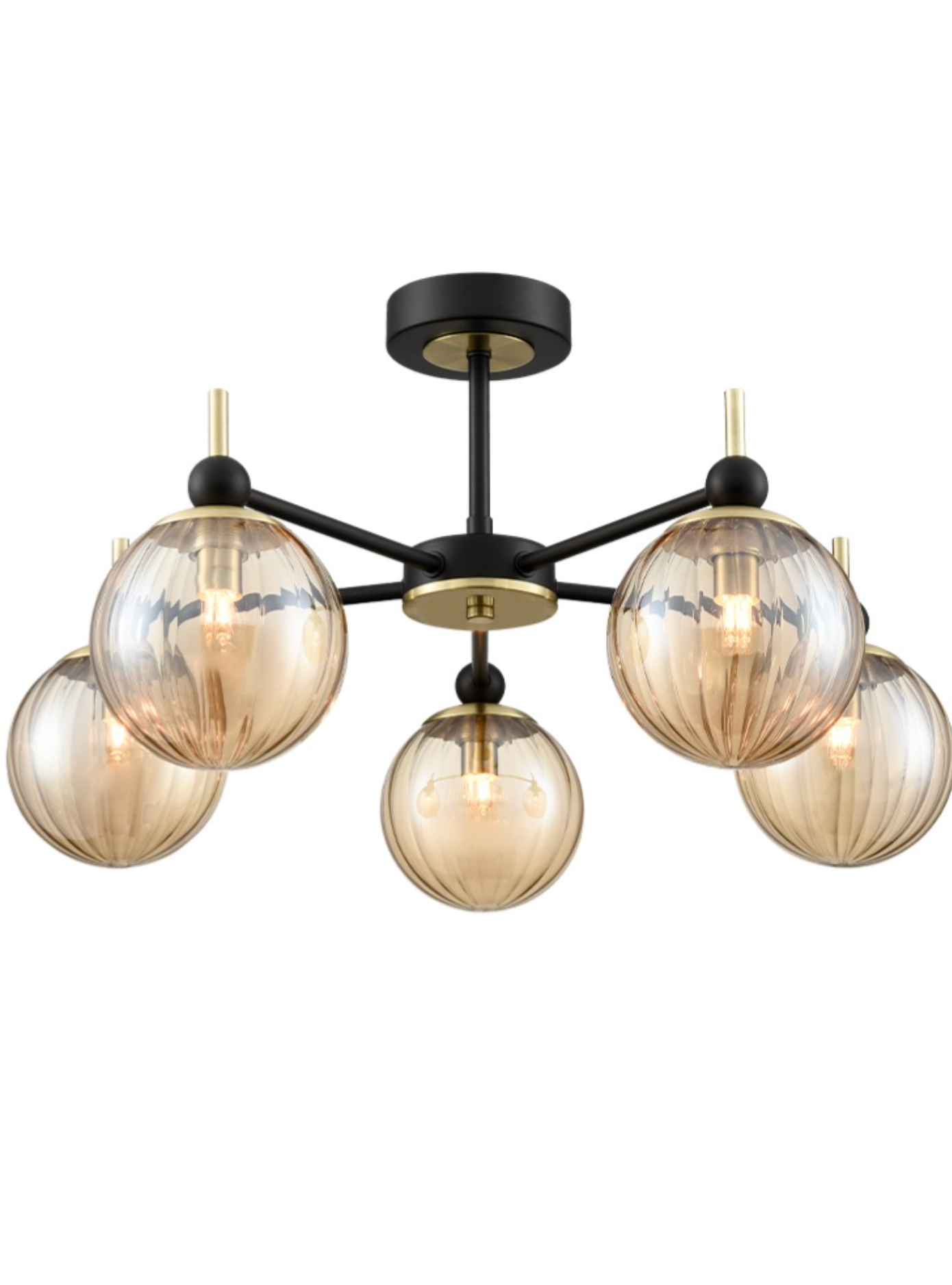 SOL Satin Brass & Ribbed Amber Glass 5 Light Semi-Flush - ID 13262