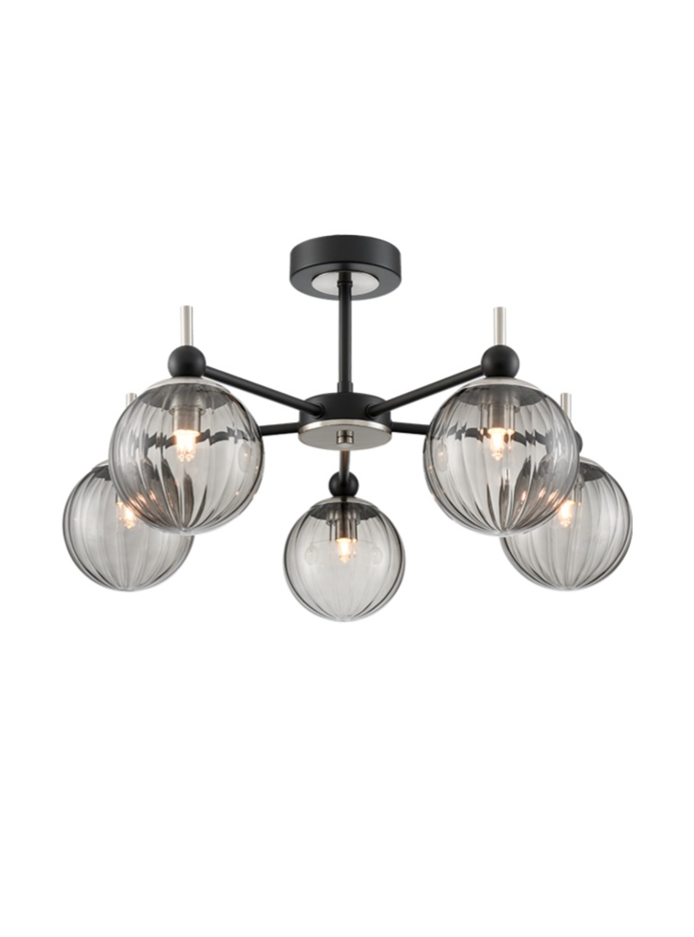 SOL Satin Nickel & Ribbed Smoked Glass 5 Light Semi-Flush - ID 13265