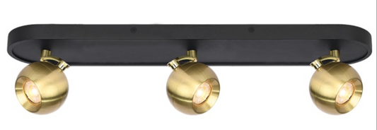 Black & Brass 3x GU10 Spherical Spot Light