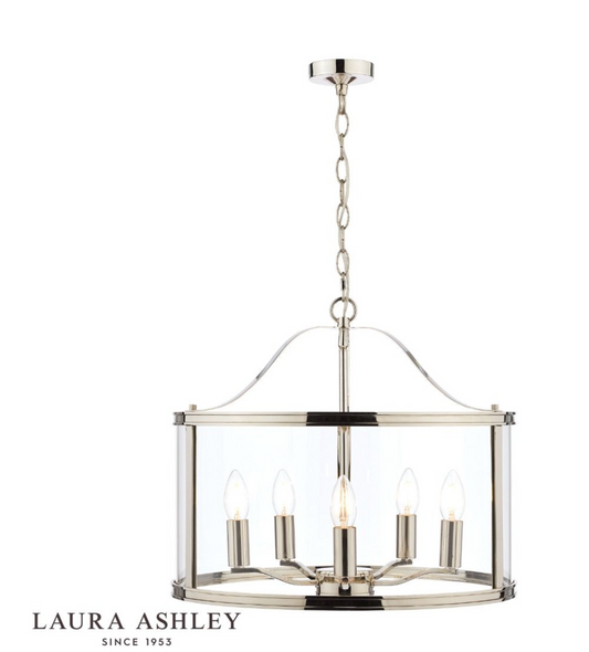 Laura Ashley - Harrington 5lt Pendant, Polished Nickel, Glass - ID 13474