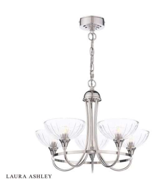 Laura Ashley - Wellham 5 Light Armed Pendant, Polished Nickel and Ribbed Glass - ID 13638