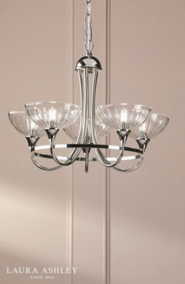 Laura Ashley - Wellham 5 Light Armed Pendant, Polished Nickel and Ribbed Glass - ID 13638