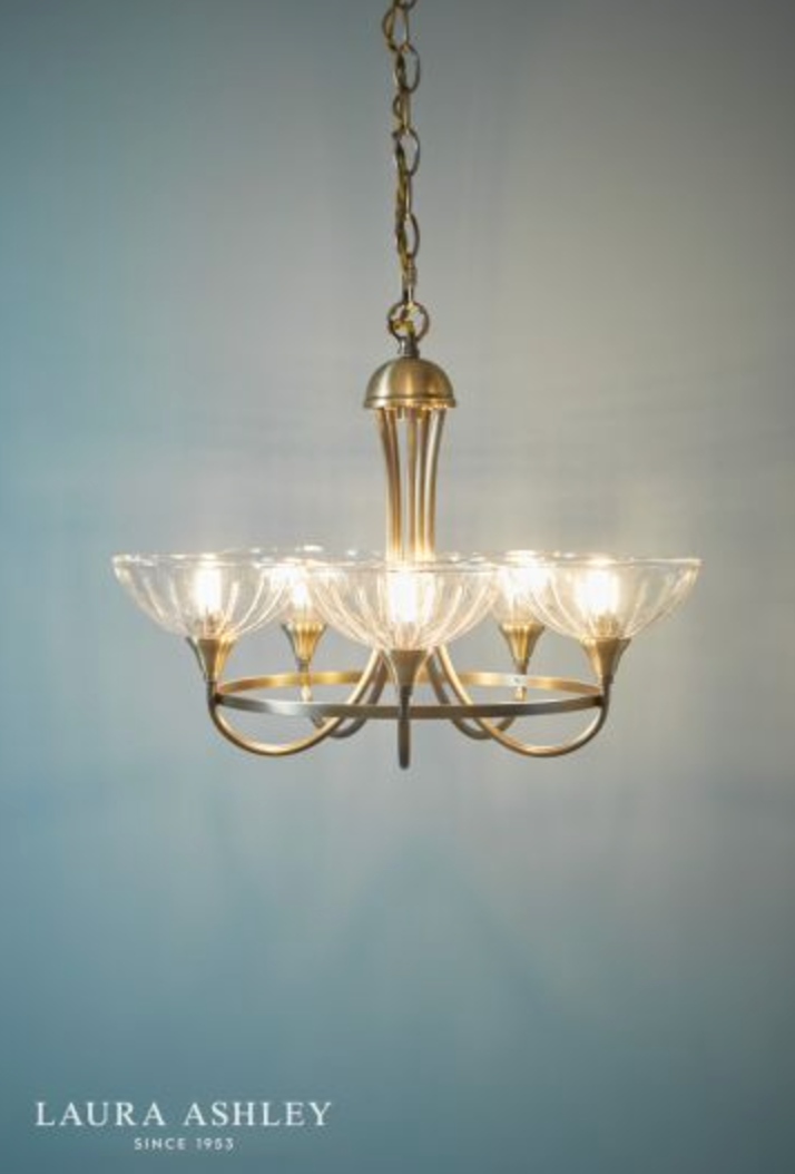 Laura Ashley - Wellham 5 Light Armed Pendant, Antique Brass and Ribbed Glass - ID 13639