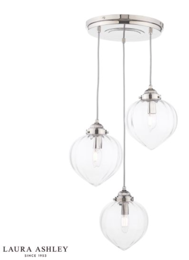 Laura Ashley - Whitham 3 Light Cluster Pendant, Polished Nickel and Ribbed Glass - ID 13643