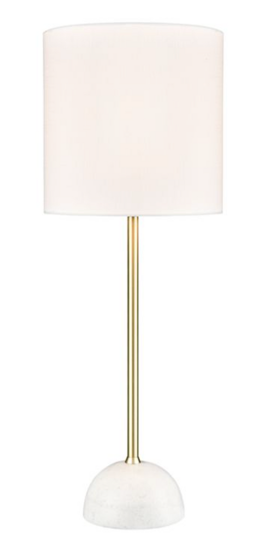 Brok Satin Brass Table Light With Off White Fabric Shade & White Marble Base ID 13735