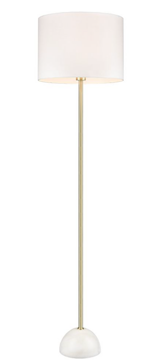 Brok Satin Brass Floor Light With Off White Fabric Shade & White Marble Base ID 13736