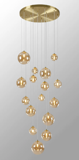 GAL 16 Light Bespoke Stairwell Pendant, Satin Gold / Amber Plated Glass - ID 13786