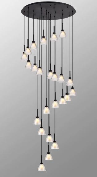 IDE 24 Light Bespoke Stairwell Pendant, Satin Black, Iridescent and Opal Glass - ID 13787