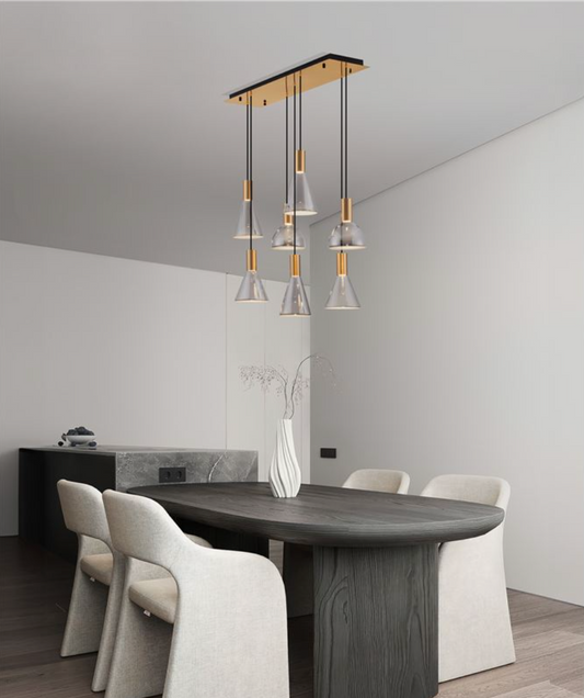 NL Voy Elegant Brass & Smoked Glass 7 Light Rectangular Multi Pendant - ID  ID 13828