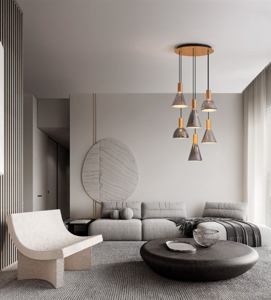 NL Voy Elegant Brass & Smoked Glass 6 Light Round Multi Pendant - ID 13824