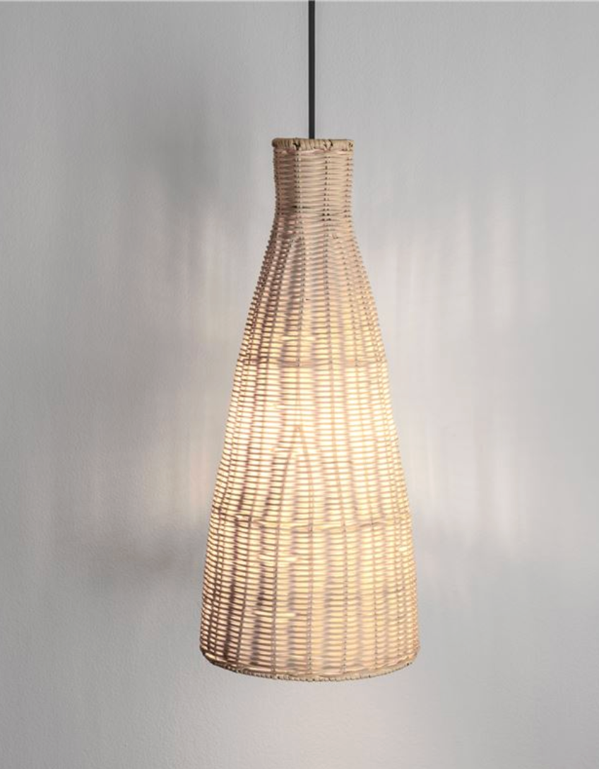 NL Relo rattan mesh pendant natural finish, black conical ceiling canopy & black cable