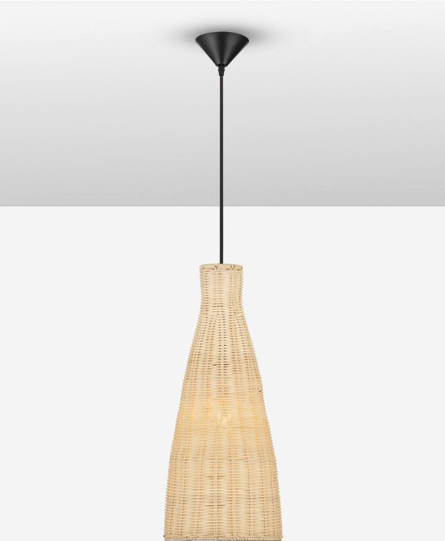 NL Relo rattan mesh pendant natural finish, black conical ceiling canopy & black cable