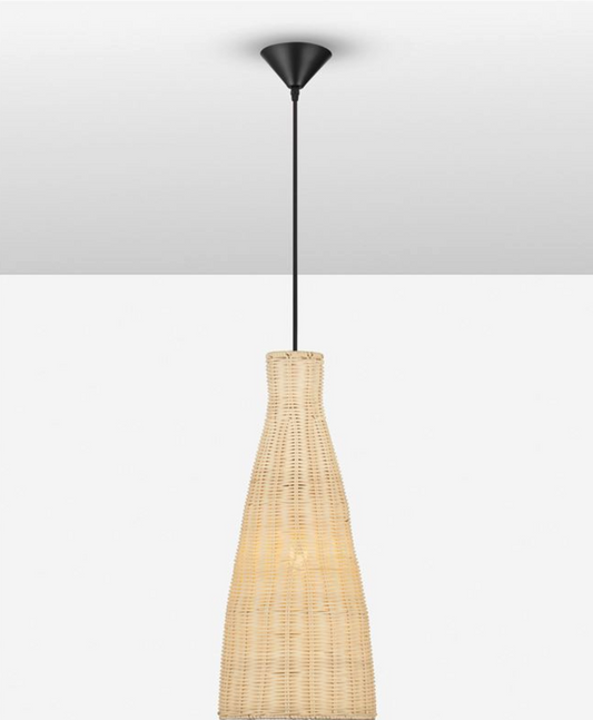 NL Relo rattan mesh pendant natural finish, black conical ceiling canopy & black cable