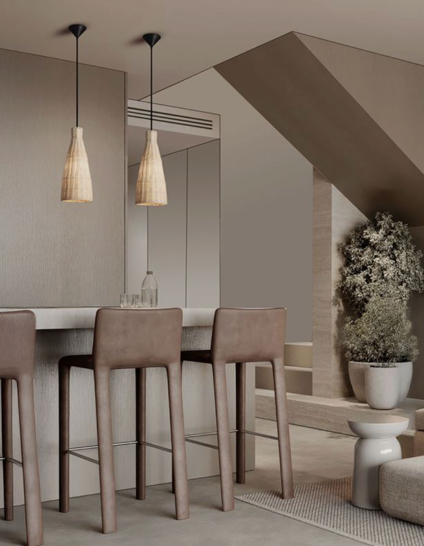 NL Relo rattan mesh pendant natural finish, black conical ceiling canopy & black cable