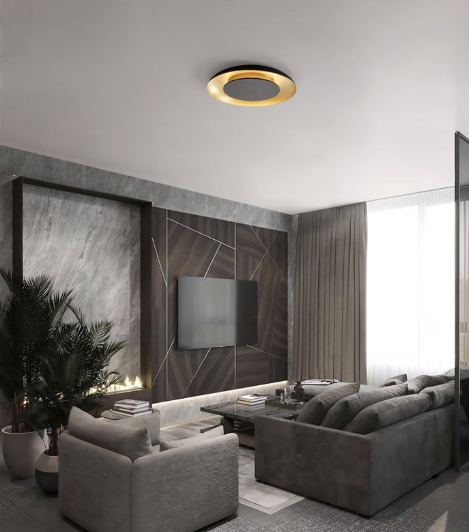 NL Eposi Black & Brushed Gold Semi Flush Round Ceiling Light 60cm - ID 14468