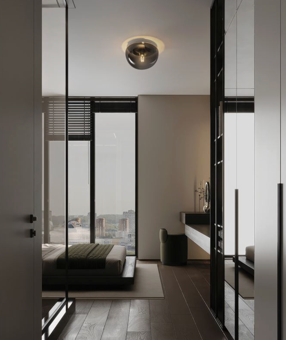 NL Ebonie Black & Smoked Glass Semi Flush Round Ceiling Light 24.5cm - ID 14470