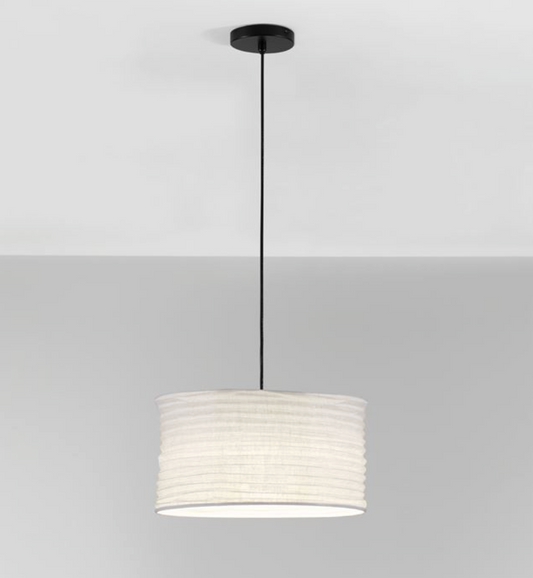 NL Cream Linen Pendant, Black Cable & Black Base, 38cm Diameter - ID 14498