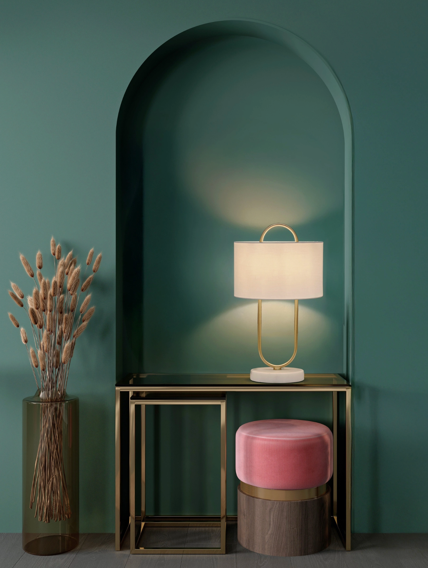 NL Melena Brass Gold Table Light, White Fabric Shade, Marble Base - ID 14673