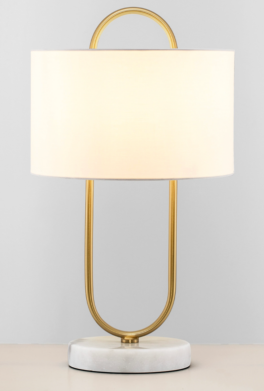 NL Melena Brass Gold Table Light, White Fabric Shade, Marble Base - ID 14673