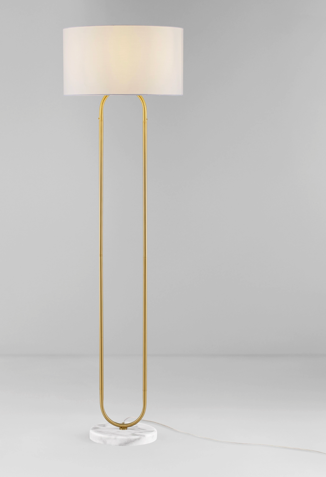 NL Melena Brass Gold Floor Light, White Fabric Shade, Marble Base - ID 14674